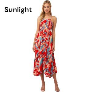 FREE PEOPLE Red & Blue Floral Halter Midi Dress Smocked Bodice  Asymmetrical Hem